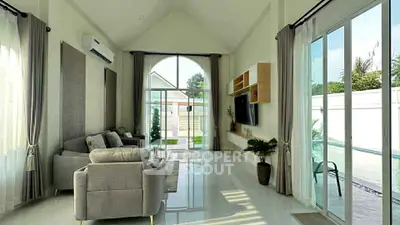 Spacious modern living room with pool view and elegant decor