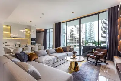 Luxurious open-plan living space with modern furnishings, floor-to-ceiling windows, and a stunning cityscape view, perfect for upscale urban living.