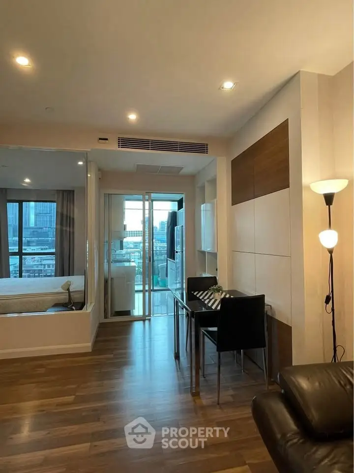 Modern apartment interior with open layout and city view