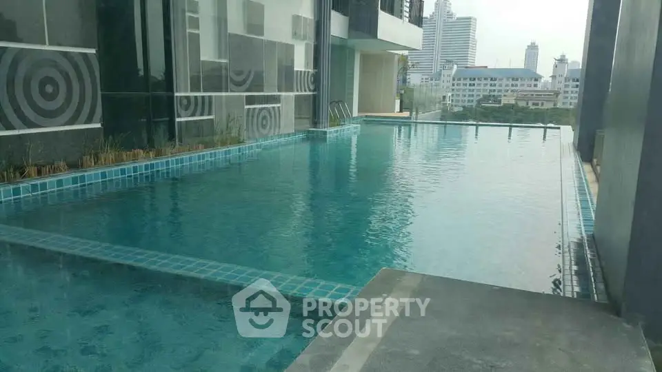 Luxurious rooftop pool with stunning cityscape views in modern high-rise building.