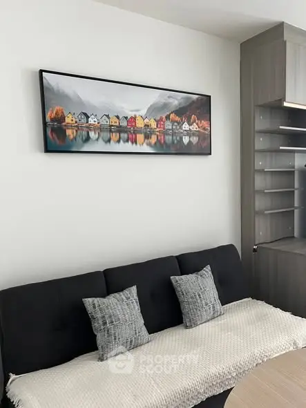 Modern living room with stylish decor and cozy seating area