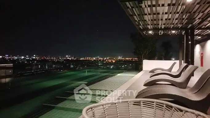 Luxurious rooftop pool with stunning city skyline view at night.