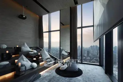 Luxurious modern living room with panoramic city view and stylish seating arrangement.