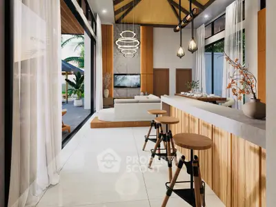 Luxurious open-plan living room with modern decor and stylish lighting, featuring a seamless indoor-outdoor flow.