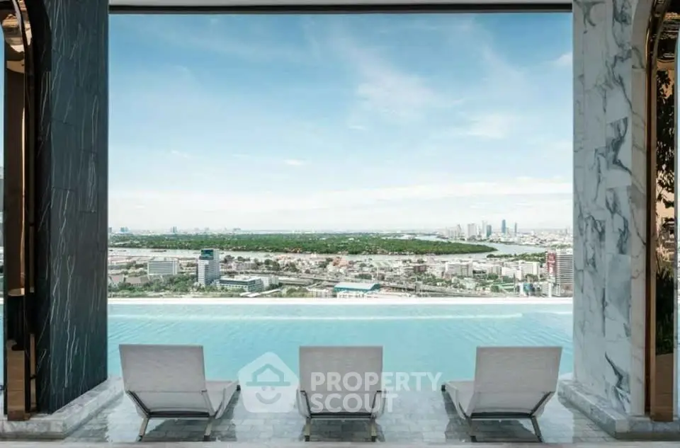 Luxurious rooftop infinity pool with stunning city skyline view, perfect for relaxation and leisure.