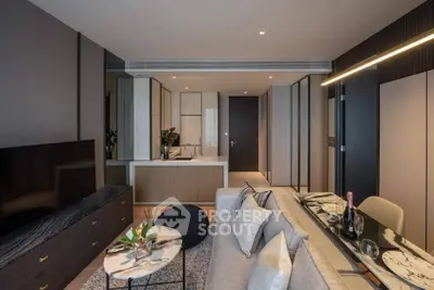 Luxurious modern living room with sleek kitchen and elegant decor