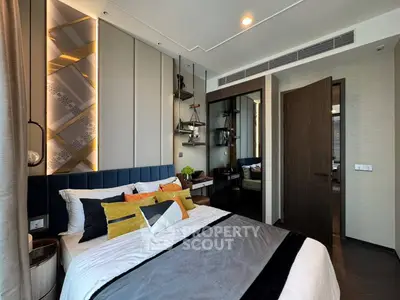 Luxurious modern bedroom with stylish decor and ample natural light