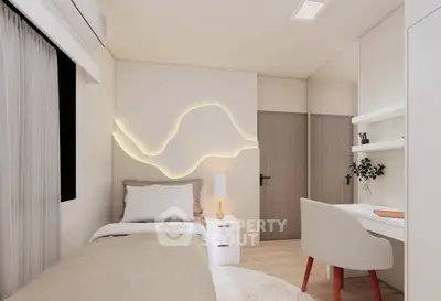 Modern bedroom with stylish lighting and cozy workspace