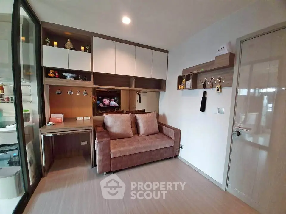 Modern living room with cozy sofa and stylish storage solutions