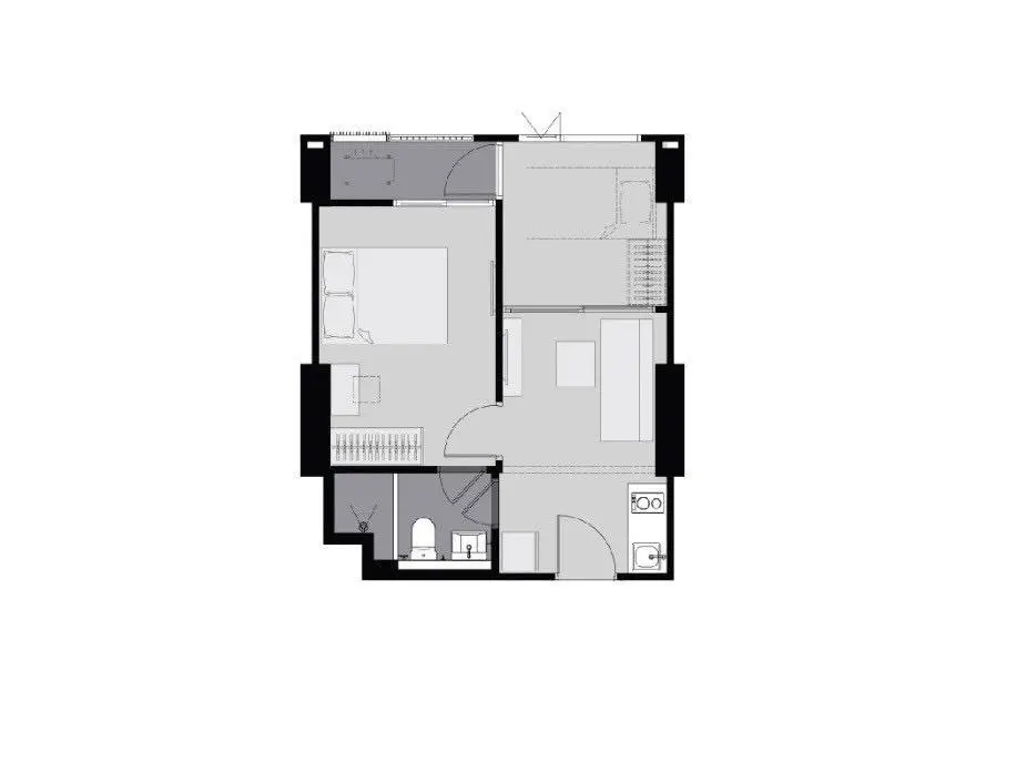 Modern apartment floor plan with two bedrooms and open living area.
