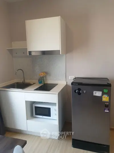 Compact modern kitchen with sleek appliances and minimalist design, perfect for urban living.