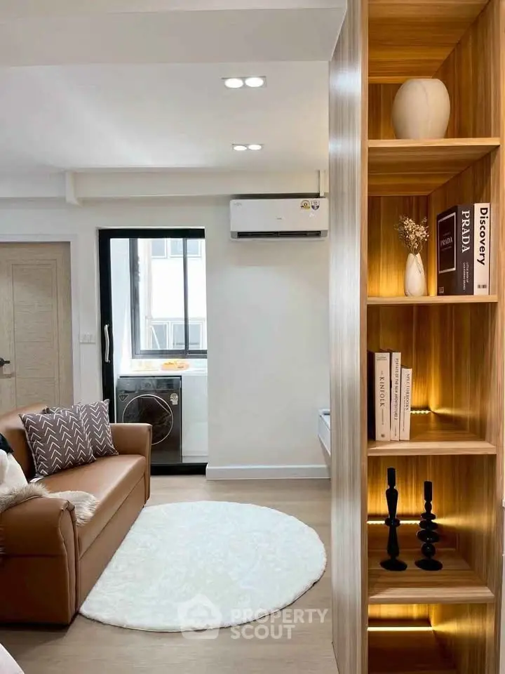 Modern living room with stylish decor and cozy seating area