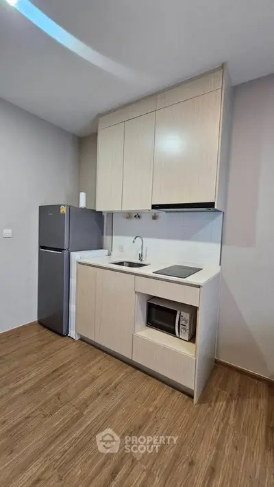 Modern compact kitchen with sleek cabinetry and appliances in a cozy apartment setting.