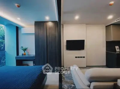 Modern bedroom and living room with sleek design and ambient lighting