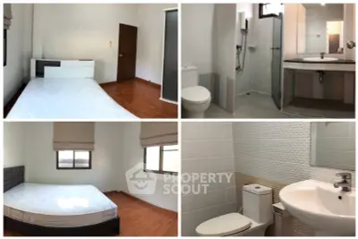 Modern bedroom and bathroom with sleek design and wooden flooring