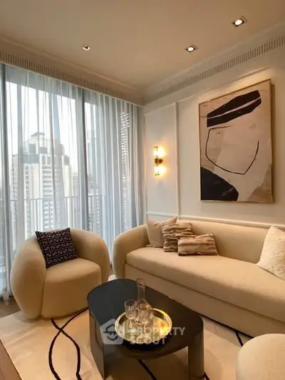 Luxurious modern living room with elegant furniture and city view, perfect for urban living.