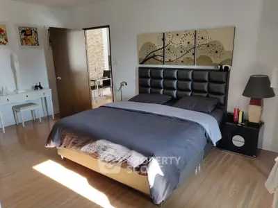 Spacious modern bedroom with stylish decor and natural light