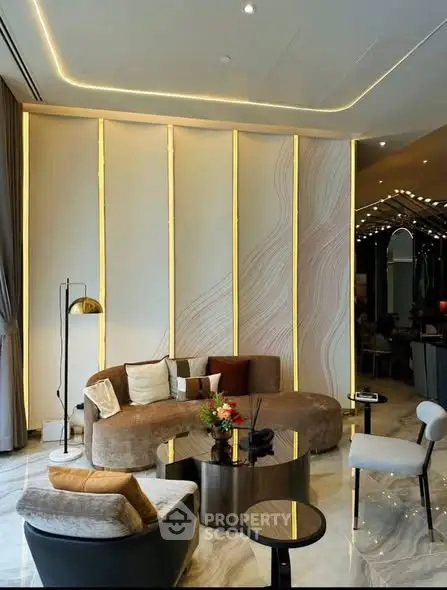 Luxurious modern living room with elegant furniture and stylish lighting, perfect for sophisticated urban living.