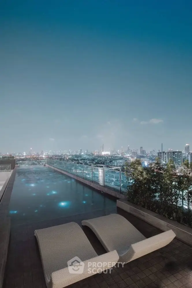 Luxurious rooftop pool with stunning city skyline view at night