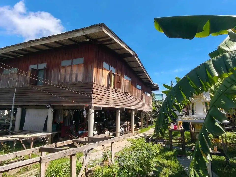 Charming elevated wooden house with lush garden and clear blue sky, perfect for serene living.