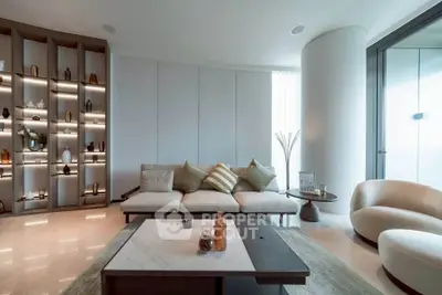 Luxurious modern living room with elegant decor and ambient lighting