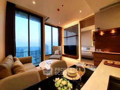 Luxurious open-plan living room with stunning city view and modern decor