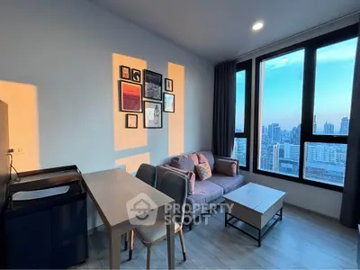 Modern living room with stunning city view and stylish decor