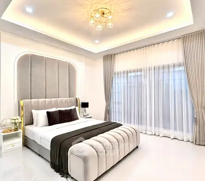 Luxurious modern bedroom with elegant design and ambient lighting