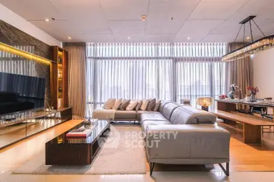 Luxurious modern living room with elegant decor and large windows offering abundant natural light.