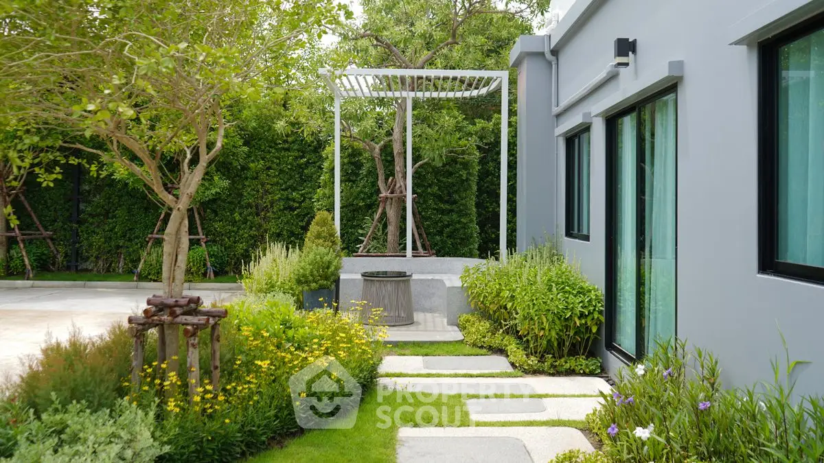 Charming garden view with lush greenery and modern exterior design