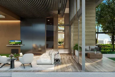 Luxurious modern living room with floor-to-ceiling windows and stylish decor