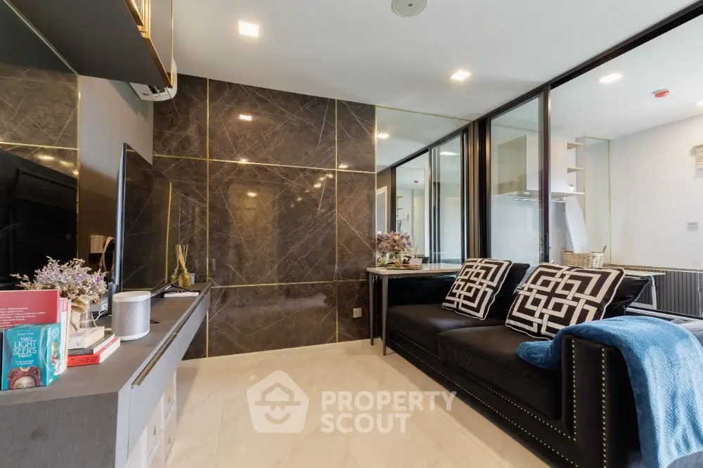 Luxurious modern living room with elegant decor and marble accents