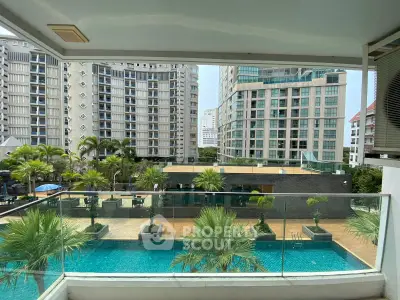 Luxurious apartment balcony with stunning pool and city view