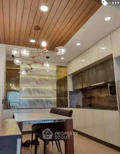 Modern kitchen with sleek cabinetry and stylish lighting fixtures