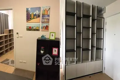 Modern interior with stylish shelving and colorful wall art in a cozy living space.