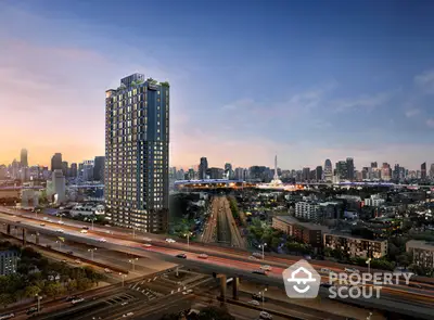 Stunning cityscape view with modern high-rise building and vibrant skyline at sunset.