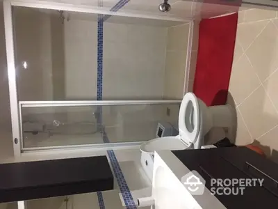 Modern bathroom with glass shower and red rug