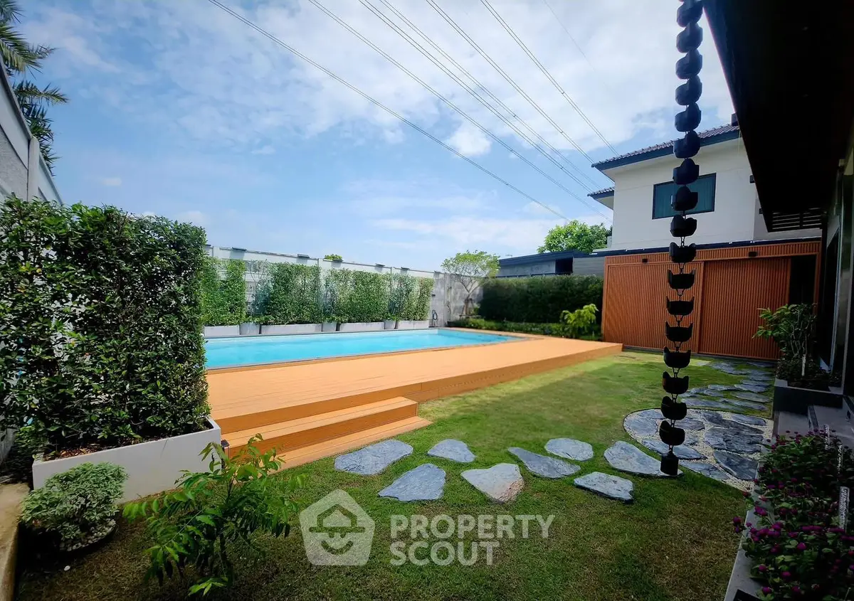 Luxurious backyard with pool and landscaped garden in modern home