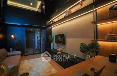 Luxurious modern living room with elegant lighting and stylish decor