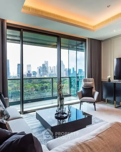 Luxurious living room with stunning city view and modern decor