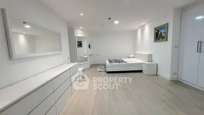 Spacious minimalist bedroom with modern white furniture and elegant decor