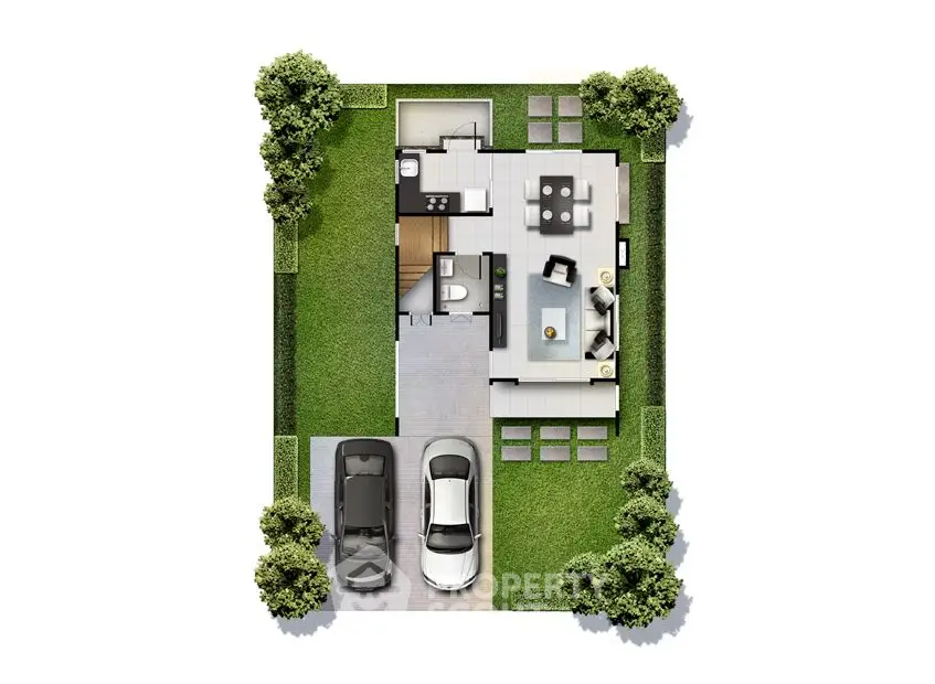 Modern house floor plan with garden and parking space