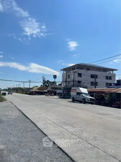 Street view of a commercial building with clear blue sky, showcasing potential business opportunities.