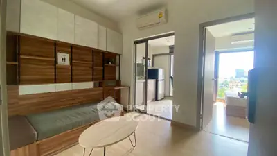 Modern living room with wooden accents and city view