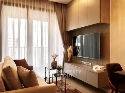 Modern living room with elegant decor and large window view