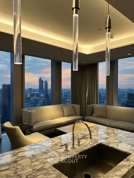 Luxurious modern living room with stunning city view and elegant marble countertop.