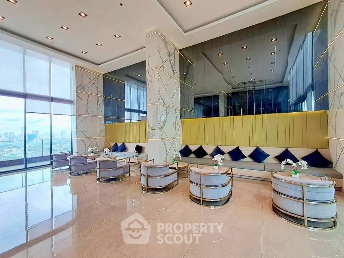 Luxurious modern living room with panoramic city view and elegant decor