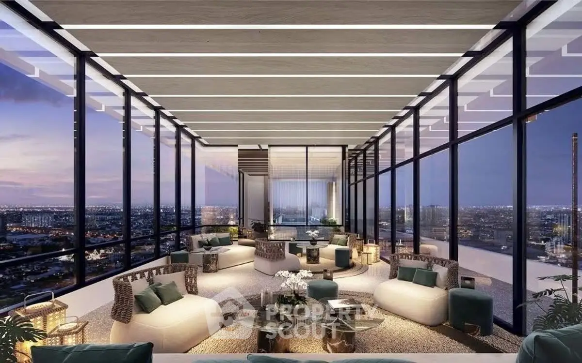 Luxurious modern living room with panoramic city views and elegant furnishings.