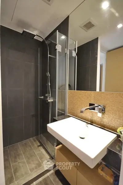 Modern bathroom with sleek shower and stylish sink in contemporary design.