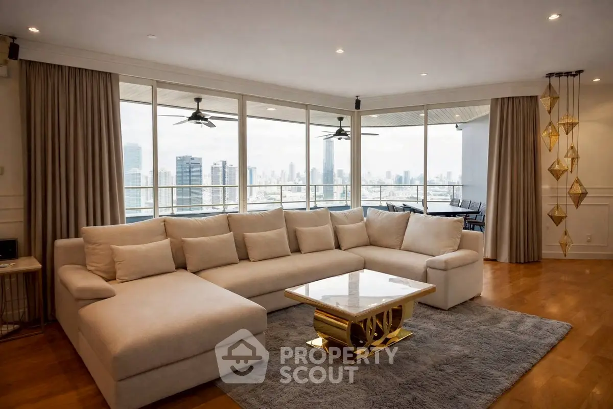 Luxurious living room with panoramic city view and elegant decor